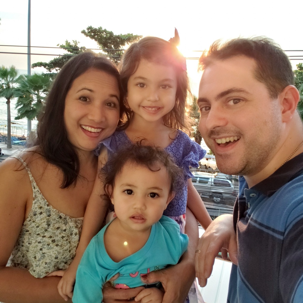 Christopher Galletta Stevens and Rung Napha "Aou" Stevens and their daughters. [Pattaya, Thailand pic, January 2020.] 